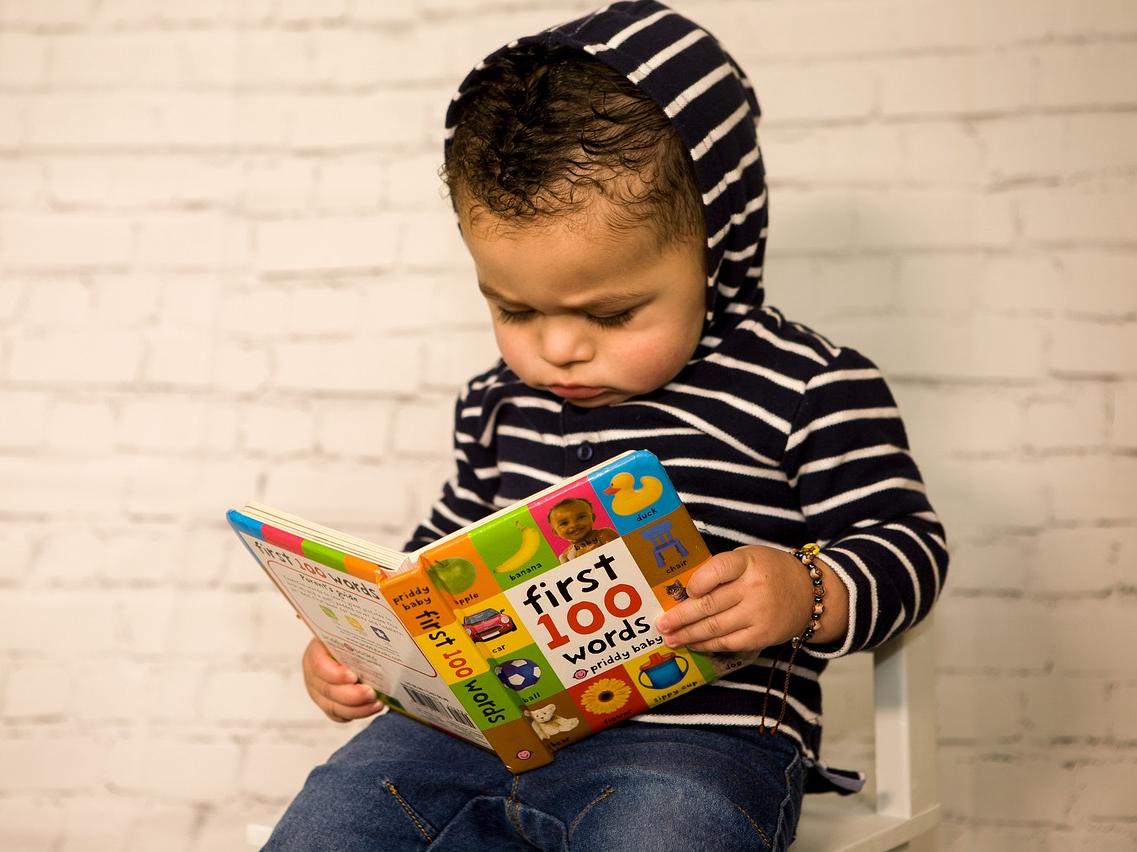 Toddler reads book.